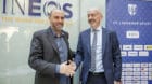 The new president of the FC Lausanne-Sport David Thompson, right, CEO of INEOS, shakes hands with Alain Joseph, left, former 