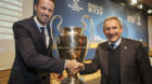 Marco Stroller, left, Sports Director of FC Basel, shakes hands with Txiki Bergiristain, right, Director of Football of Manch