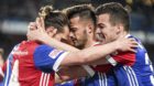 11.04.2018; Basel; Fussball Super League - FC Basel - FC Zuerich; Valentin Stocker (Basel), Albian Ajeti (Basel) und Kevin Bu