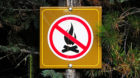 A no campfire sign posted on a tree.