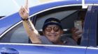Diego Maradona, Argentina's soccer legend and newly appointed chairman of the board of Dynamo Brest football club, gestures w