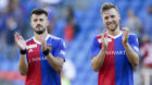 12.08.2018; Basel; Fussball Super League - FC Basel - FC Sion; 
Albian Ajeti und Silvan Widmer (Basel) jubeln nach dem Spiel 